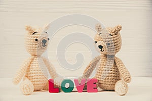 Sweet couple teddy bear doll in love with Love text and red knit