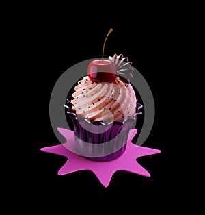 Sweet Creamy Cupcake with Topping isolated on the black background