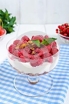 Sweet creamy dessert with granola, cream cheese, fresh raspberries in a glass bowl