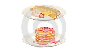 Sweet Crepe or Pancake Served on Plate with Cream and Raspberry Jam Vector Set