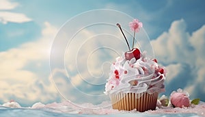 Sweet cupcake decorated cherry berry against fantasy sky background for birthday concept