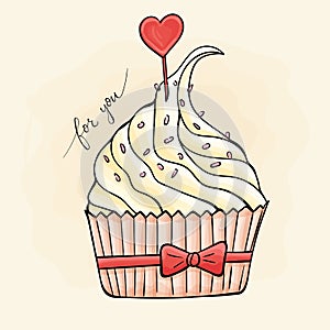 Sweet cupcake with a heart. Valentine`s Day.