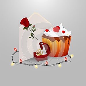 Sweet cupcake postal envelope with rose flower ring box garland with light bulbs on gray insulating background for decoration