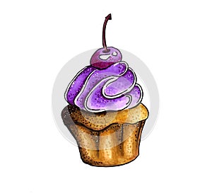 Sweet cupcake with purple cream and cherry. Drawing by hand, markers. Cake on a white background.