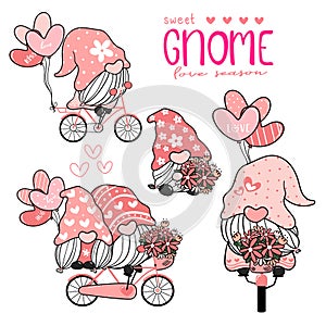 Sweet cute Gnome in pink hat on bicycle with heart balloons collection, couple lover gnome love Valentine element set