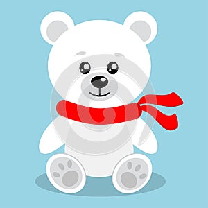 Sweet and cute isolated white christmas polar bear in red scarf in sitting pose