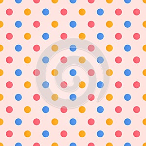 Sweet and cute pink blue yellow pastel polka dot seamless pattern isolated vector on light pink background.