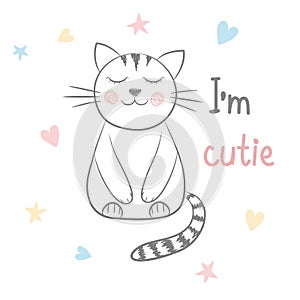 Sweet cutie cat hand drawn on white, stock vector illustration