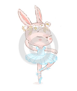 Sweet dancing ballerina bunny illustration. Dancilg little rabbit wearing blue tutu ans wreath. Can be used for t-shirt