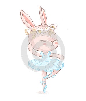 Sweet dancing ballerina bunny illustration. Dancilg little rabbit wearing blue tutu ans wreath. Can be used for t-shirt photo