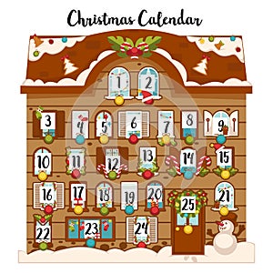Sweet december christmas advent calendar with dates and traditional decoration vector.