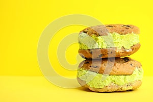Sweet delicious ice cream cookie sandwiches, space for text