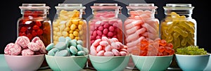 Sweet delights. assorted candies, marmalades and lollipops in glass jars and ceramic plates