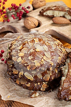 Sweet dessert for autumn season, Dutch filled cookies with marzipan and almonds