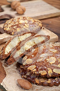 Sweet dessert for autumn season, Dutch filled cookies with marzipan and almonds