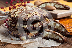 Sweet dessert for autumn season, Dutch filled cookies with marzipan and almonds