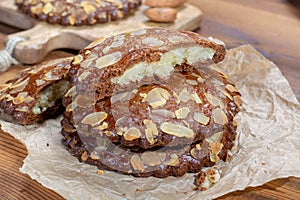 Sweet dessert for autumn season, Dutch filled cookies with marzipan and almonds