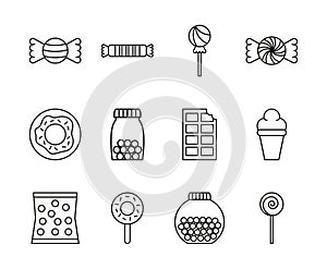 Sweet dessert candy and pastry icons set line