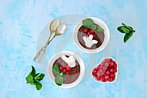 Sweet dessert, chocolate pudding in white portioned saucers on a light blue background