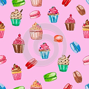 Sweet dessert collection on pink isolate background. Cupcake and macaroon