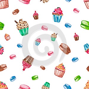 Sweet dessert collection on white isolate background. Cupcake and macaroon. Seamless pattern of water color painted