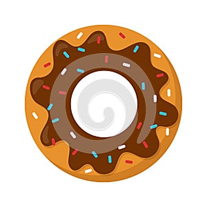 Sweet dessert donut with chocolate frosting and rainbow sprinkles cartoon vector isolated illustration