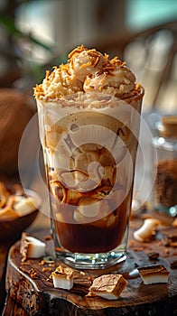 Sweet dessert drink made with iced coffee, ice cream, and caramel topping