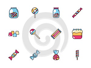 Sweet dessert jar candy and pastry icons set