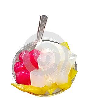 Sweet dessert jelly red and white on top ice cream. Isolated white background with clipping path. plastic spoon in sweet food cup