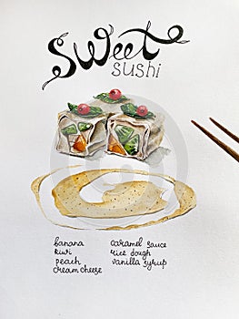 Sweet dessert sweet sushi made from Philadelphia cheese, bananas, peaches and kiwi wrapped in rice paper. Watercolor