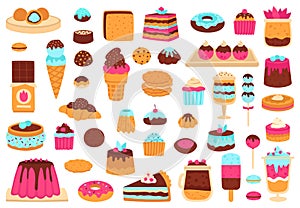 Sweet desserts. Bakery sweets, muffin cakes, ice cream, hand drawn candies, chocolate bar and macarons. Cute sweets