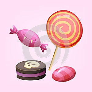 Sweet desserts for Halloween. Chocolate biscuits, candy, lollipop. Vector illustration.