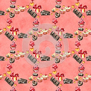 Sweet desserts watercolor seamless pattern on pink background. Heart shaped candy, cookies and chocolate