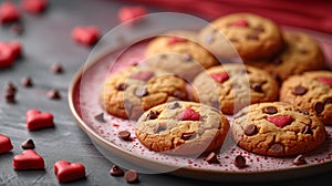 Sweet Details of Love: Chocolate Chip Cookies, Flying Hearts in a Gradient Pattern on a Red Background, Landing in Style on a