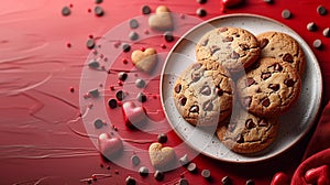 Sweet Details of Love: Chocolate Chip Cookies, Flying Hearts in a Gradient Pattern on a Red Background, Landing in Style on a