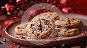 Sweet Details of Love: Chocolate Chip Cookies, Flying Hearts in a Gradient Pattern on a Red Background, Landing in Style on a