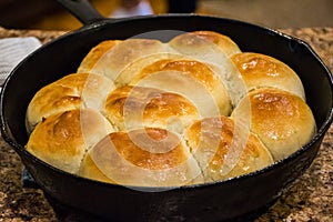 Sweet dinner rolls on thanksgiving morning in cast Iron skillet