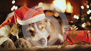 A sweet dog is sleeping near his Christmas present, in the background is a Christmas tree and a fire is burning in the