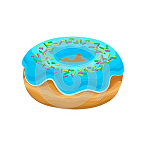 Sweet donut with blue glaze and multi-colored sprinkles. Delicious dessert. Flat vector design for bakery store or cafe