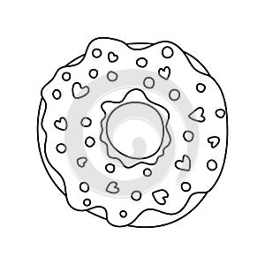 Sweet donut. Fast food sketch. Cartoon black and white line illustration. Unhealthy meal. Vector hand drawn icon for restaurant