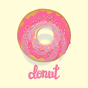 Sweet donut with pink glaze isolated on background. Yummy cookie cake food. Candy decoration. Topping. Glazed pastry delicious sna