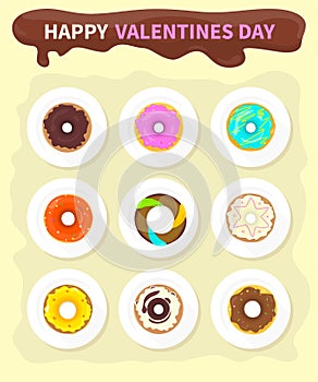 Sweet Donuts Set Design Flat Food. Valentine day