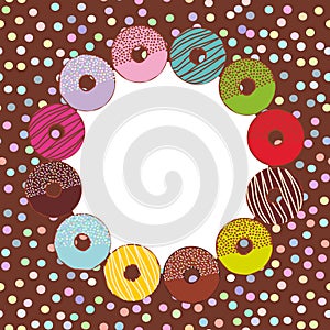 Sweet donuts set with icing and sprinkls, brown background, pastel colors polka dot background round frame for text. Vector