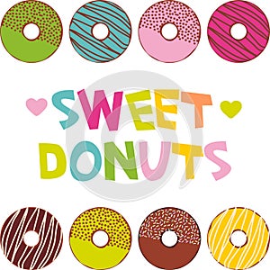 Sweet donuts set with icing and sprinkls isolated, card, banner for text, pastel colors on white background. Vector