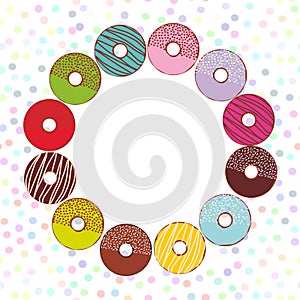 Sweet donuts set with icing and sprinkls isolated, pastel colors polka dot background round frame for text. Vector