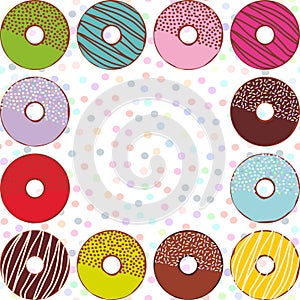 Sweet donuts set with icing and sprinkls isolated, pastel colors polka dot background square frame for text. Vector