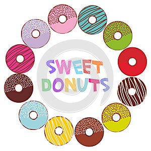 Sweet donuts set with icing and sprinkls isolated, pastel colors on white background round frame for text. Vector