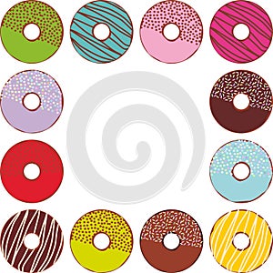 Sweet donuts set with icing and sprinkls isolated, pastel colors on white background square frame for text. Vector