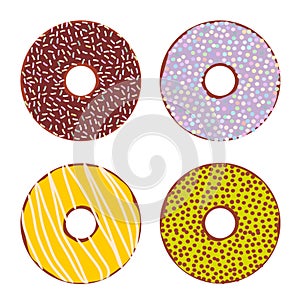 Sweet donuts set with icing and sprinkls isolated, pastel colors on white background. Vector