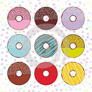 Sweet donuts set with icing and sprinkls isolated, pastel colors on white polka dot background. Vector